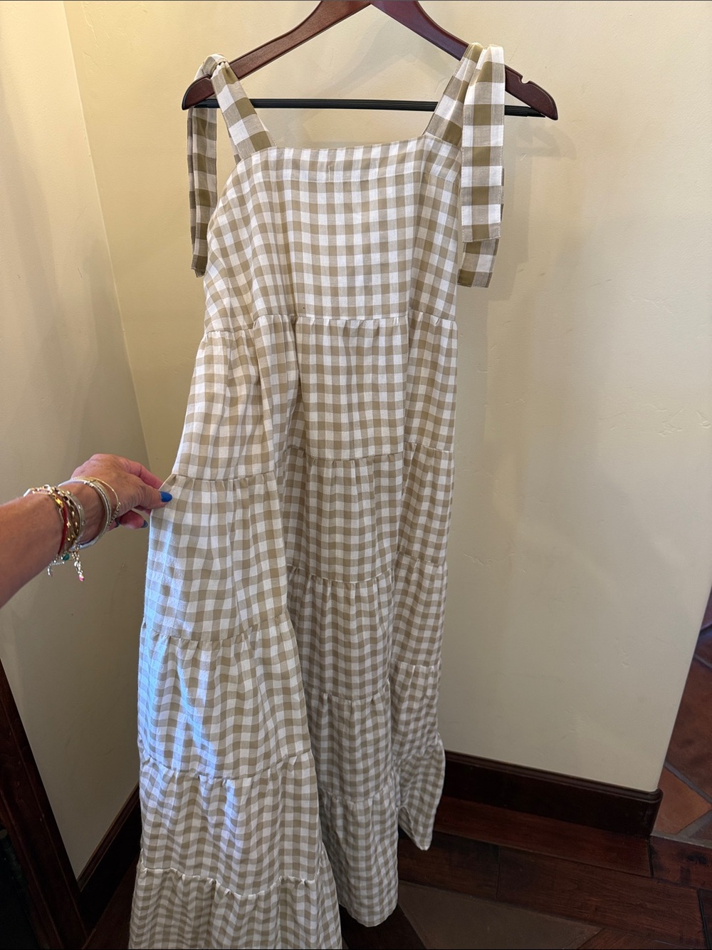Aussy Brand LJC Designs. Handmade Beige Gingham Tie-Shoulder Sundress